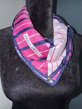 Vintage Olga Greco Scarf  Italy Square Pink Navy White 1980’s Geometric Poly